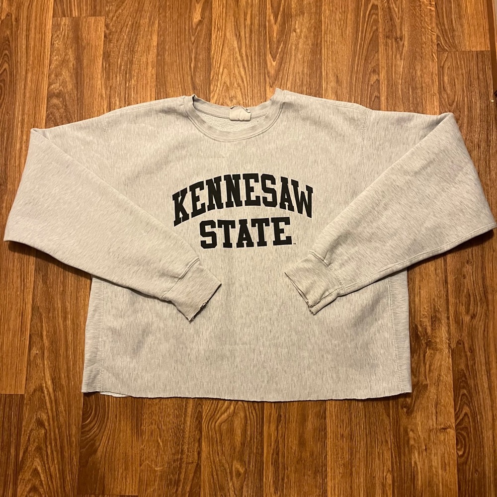 Vintage Kennesaw State Cropped Shirt Women Lg Gray Pro Weave Raw Hem Pullover